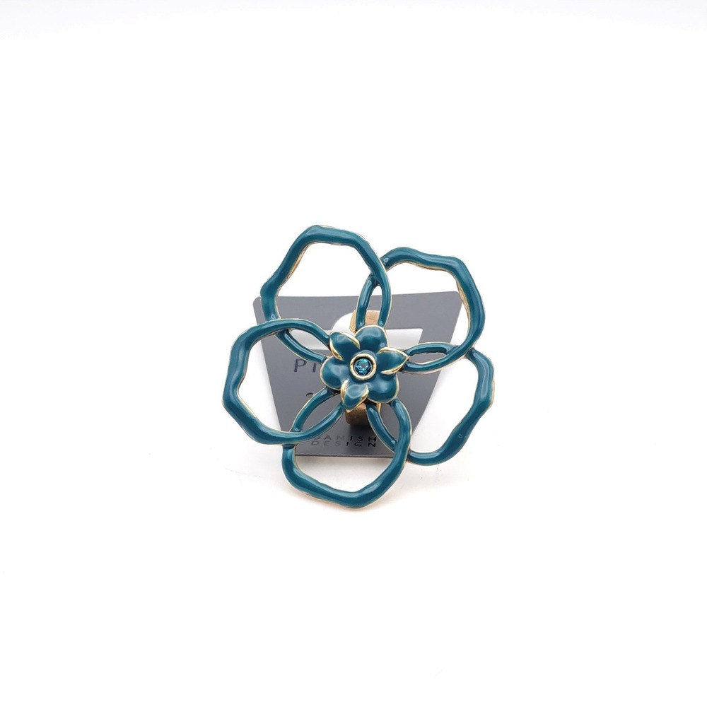Pilgrim Turquoise Enamel Flower Statement Ring Blue Crystal Adjustable